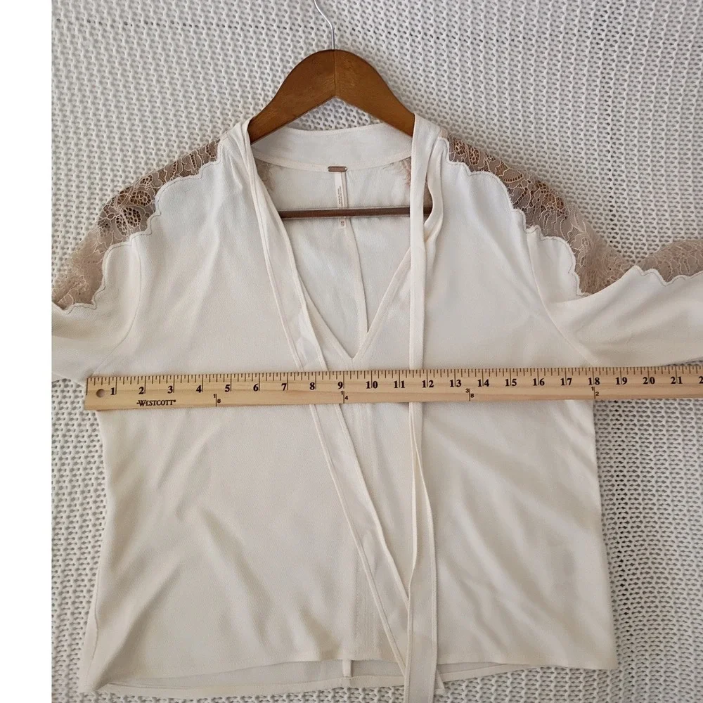 Free People Cream Lace Trim V-Neck Tie Front Blouse S Boho Ethereal Romantic Top